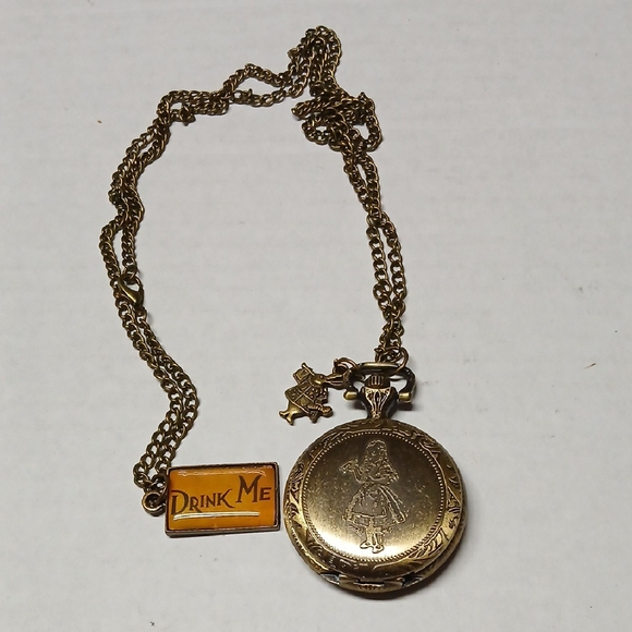 Alice In Wonderland Pocket Watch Pendant Necklace w White Rabbit Drink Me Charms - Picture 1 of 15